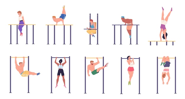 Bar horizontal chin up La gente chinup pullups ejercicio en bares gimnasio al aire libre entrenamiento callejero entrenamiento físico ejercicios deportivos actividad de atleta ilustración vectorial de clase