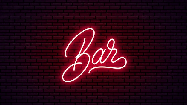 Bar neón letras dibujadas a mano. Listo diseño de letrero brillante. texto de neón aislado sobre fondo de pared de ladrillo.