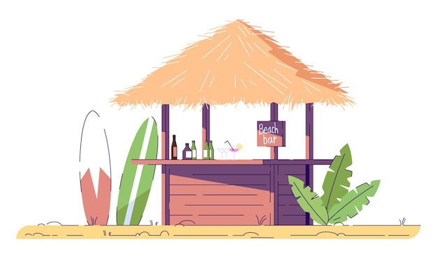 Vector bar de playa vacío y tablas de surf ilustración de garabato plano