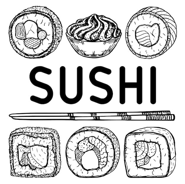 Bar de sushi dibujo a mano boceto de comida japonesa Sushi wasabi y palos de sushi estilo retro Vintage