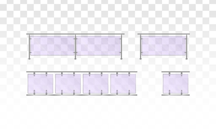 Vector barandilla de vidrio sobre un fondo blanco. sección de cercas de vidrio con barandas tubulares de metal y láminas transparentes para escaleras de casas, balcones de casas, cercas de aceras.