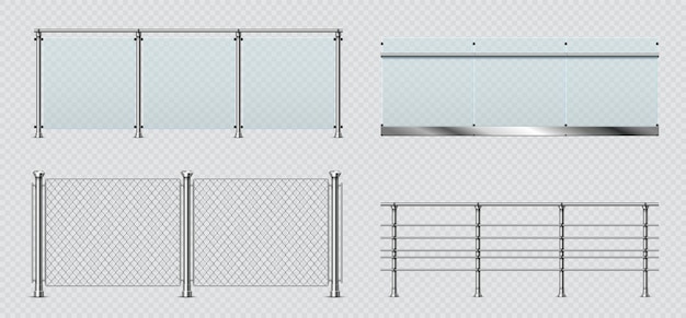 Vector barandillas de balcón de vidrio y metal realistas, valla de alambre. baranda de terraza transparente con pasamanos de acero. conjunto de vectores de secciones de esgrima de piscina