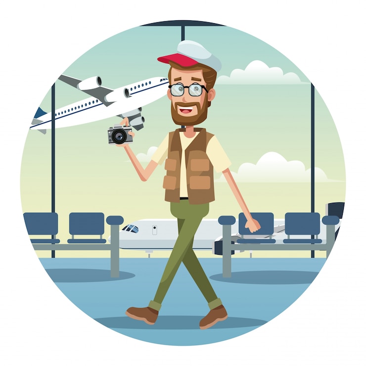 Vector barba hombre viajero cámara cap aeropuerto
