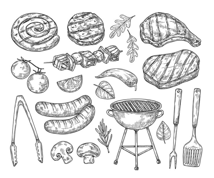 Vector barbacoa dibujada a mano salchichas verduras parrilla elementos esbozados costilla de barbacoa de temporada saludable y menú de restaurante de carne de cordero signos vectoriales neotéricos vintage