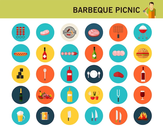 Barbacoa iconos planos concepto de picnic.