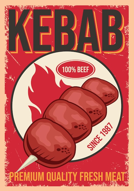 barbacoa de kebab y restaurantes de comida rápida anuncian vector de diseño de afiches retro