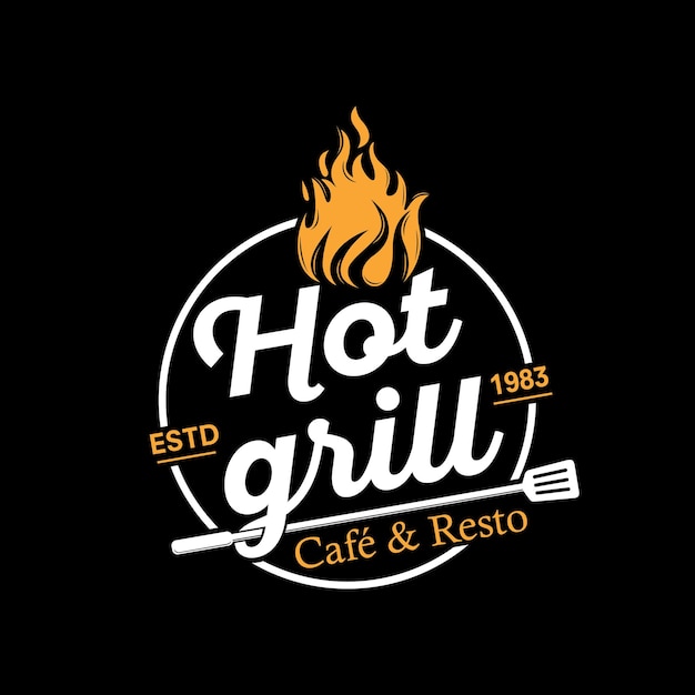 Barbacoa logo diseño parrilla comida fuego y espátula concepto plantilla Vector ilustración plana