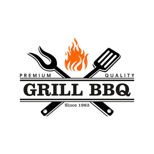 Barbacoa logo diseño parrilla comida fuego y espátula concepto plantilla Vector ilustración plana