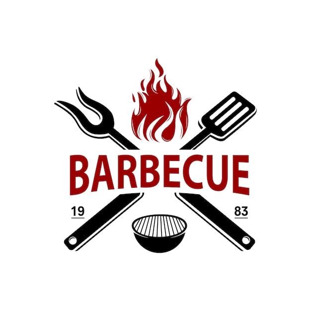Barbacoa logo diseño parrilla comida fuego y espátula concepto plantilla Vector ilustración plana