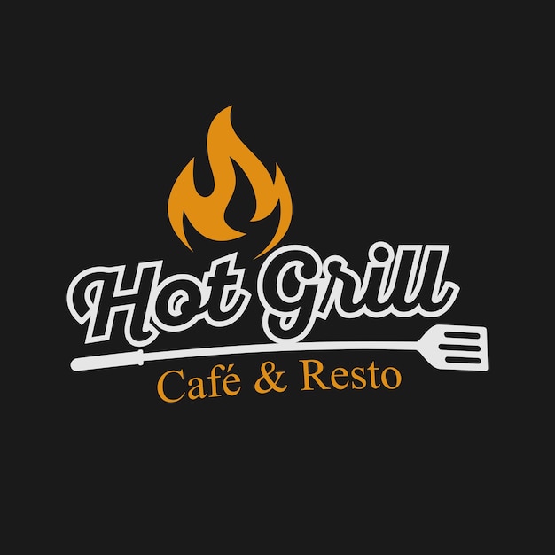 Barbacoa logo diseño parrilla comida fuego y espátula concepto plantilla Vector ilustración plana