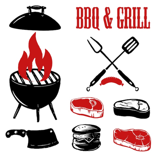 Barbacoa y parrilla. carne a la parrilla con tenedor y espátula de cocina sobre fondo grunge. elementos para cartel, emblema, signo. ilustración