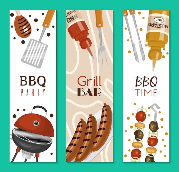 Barbacoa picnic fiesta banner carne bistec asado en la parrilla de barbacoa caliente redonda.
