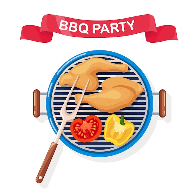 Barbacoa redonda portátil con alitas de pollo frito, verduras a la parrilla sobre fondo blanco. Dispositivo de barbacoa para picnic, fiesta familiar. Icono de barbacoa. Concepto de evento de comida al aire libre. ilustración