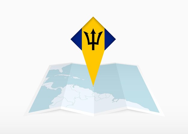Barbados está representado en un mapa de papel doblado y un marcador de ubicación fijado con la bandera de Barbados