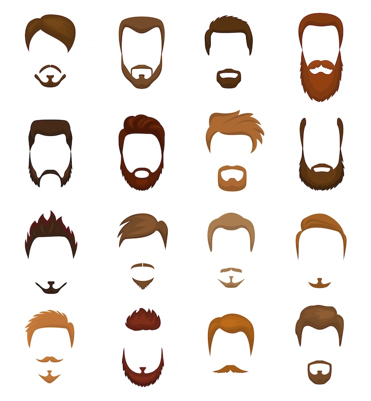 Vector barbas vector retrato de hombre barbudo con corte de pelo masculino en barbería y bigote de púas en hipsters cara ilustración conjunto de peinado de barbero aislado en espacio en blanco