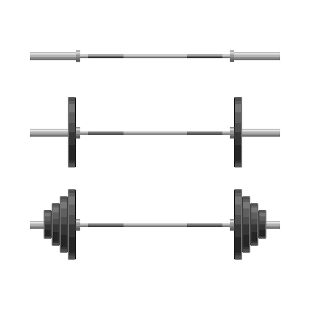 Vector barbell con diferentes pesos conjunto aislado sobre fondo blanco equipo de levantamiento de pesas culturismo gimnasio crossfit entrenamiento fitness club símbolo deporte vector ilustración