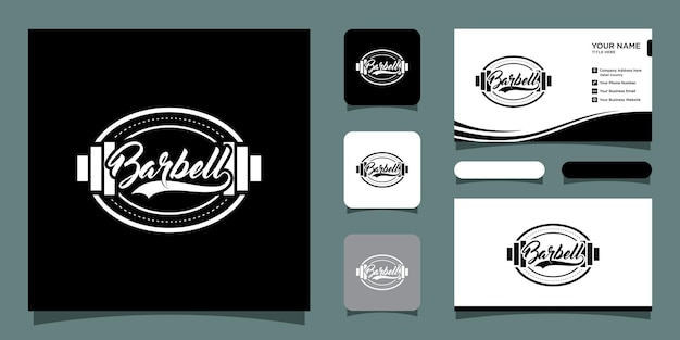 Barbell sport logo, vintage y concepto de insignia con diseño de tarjeta de visita Vector Premium