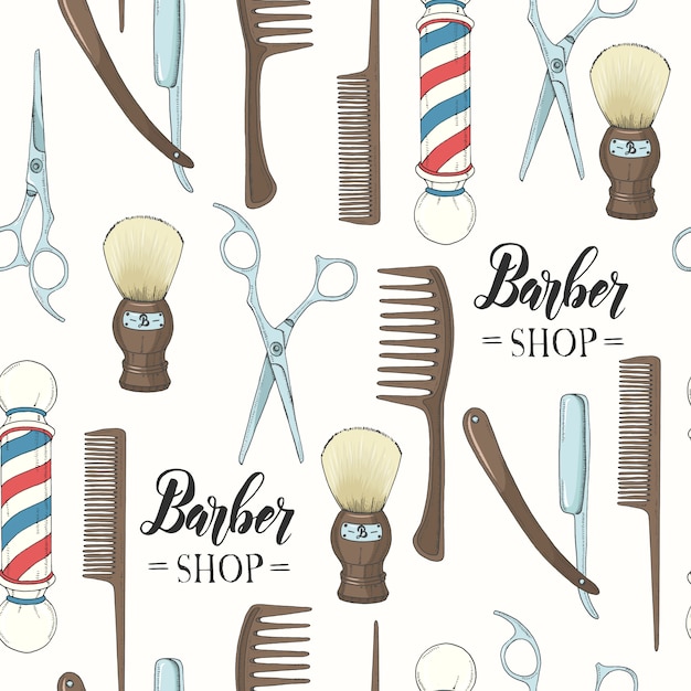Barber Shop de patrones sin fisuras con navaja de afeitar dibujada a mano, tijeras, brocha de afeitar, peine, poste de peluquería clásica.