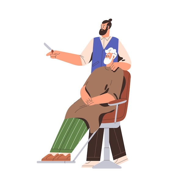 Barber trabaja con un cliente anciano en silla. Hombre peluquero moderno feliz con corte de pelo y arreglo de barba hecho. Viejo cliente senior de barbería. Ilustración de vector plano aislado sobre fondo blanco