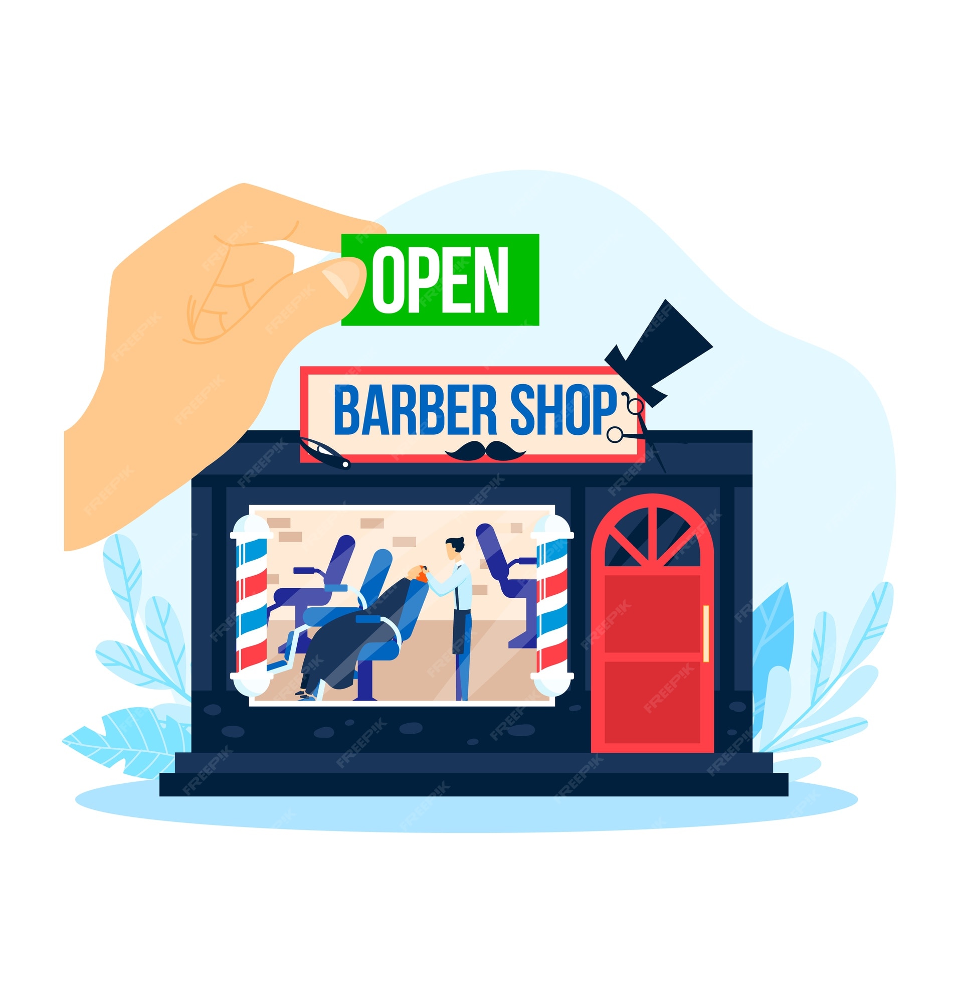 Barbería abierta, ilustración. negocio de salón de peluquería, para corte  de pelo de hombre de dibujos animados. personaje de trabajador de  peluquería de dibujos animados | Vector Premium