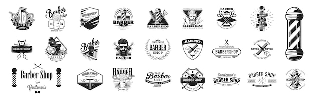 Barbería, barbero, corte de pelo, salón, vintage, hipster, logotipo, plantillas, retro, logotipo, conjunto, vector, ilustración