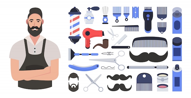 Barbero hipster barbero. Composición del conjunto de iconos para la peluquería.