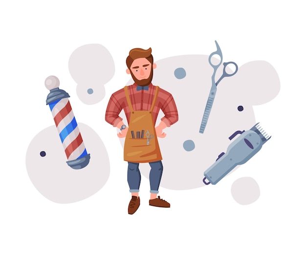 Barbero profesional barbudo con herramientas Conjunto de suministros de barbero para peinar corte de pelo profesional Ilustración vectorial de dibujos animados