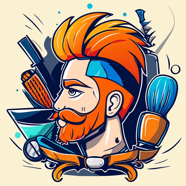 Vector barbershop barba hombre corte de pelo hipster dibujado a mano plano elegante pegatina de dibujos animados icono concepto aislado