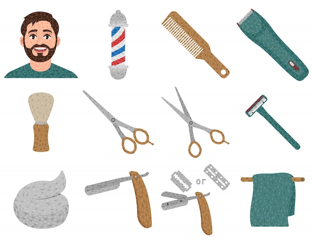 Vector barbershop conjunto de elementos en estilo de dibujos animados, corte de pelo y afeitado, shavette, barra de barbero, cortadora de cabello, etc. ilustración vectorial