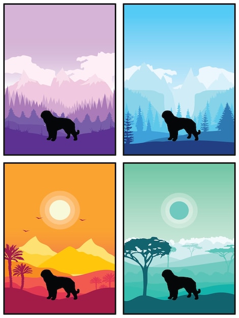 Vector barbet dog breed silhouette sunset forest nature background 4 posters pegatinas tarjetas