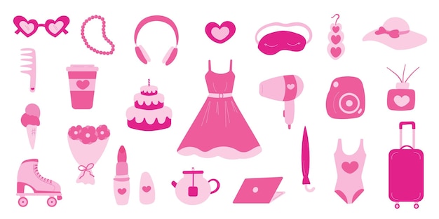 barbicore elementos del conjunto accesorios de muñecas rosas juego ilustración vectorial