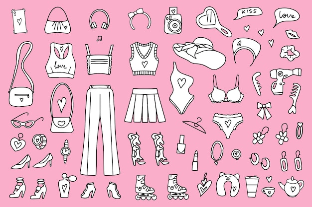 Barbicore set Coloring Fashion set accesorios estéticos para muñecas rosas cosméticos y ropa ilustración vectorial sobre fondo rosa