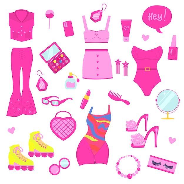 Barbiecore set Pink fashion set muñeca rosa accesorios estéticos y ropa Ilustración vectorial