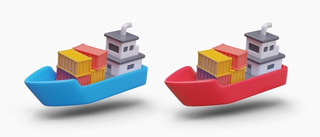 Vector barcazas con contenedores barcos de carga realistas de diferentes colores