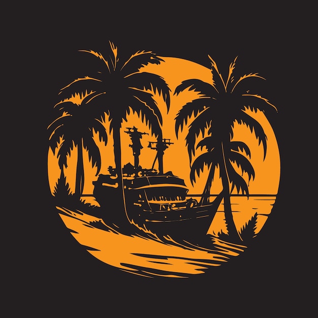Un barco amarillo con palmeras en un fondo negro.