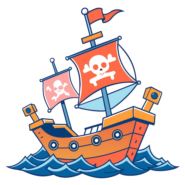 un barco con una bandera pirata y un cráneo y una cruz en él