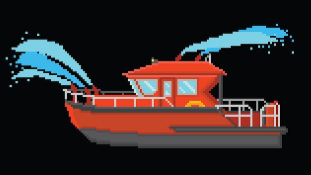 Barco de bomberos diseñado en píxeles de 8 bits, una ilustración artística de Boat Pixel