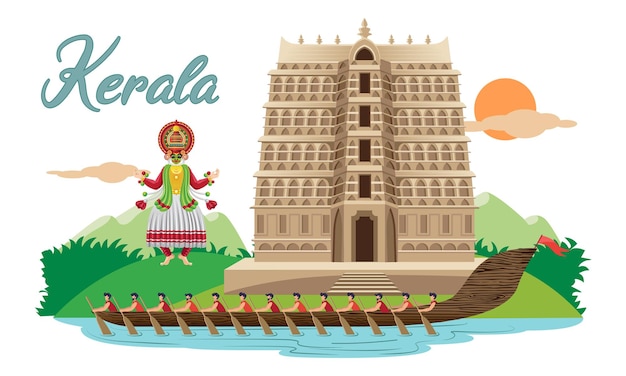 Barco de carreras de diseño indio de Kerala con templo del sur de la India y ilustración vectorial de bailarina kathakali