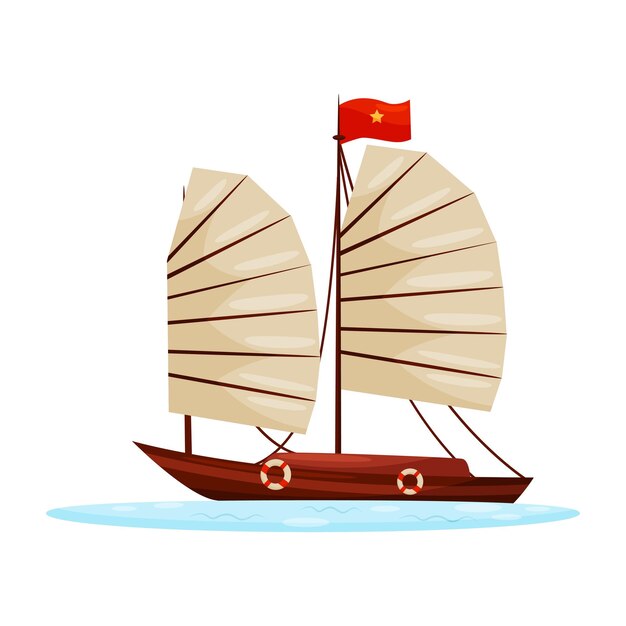 Barco chatarra de madera con velas beige y bandera de Vietnam Viaje a Asia Vehículo marino tradicional Viejo velero en el agua Ilustración vectorial colorida en estilo plano aislado en fondo blanco