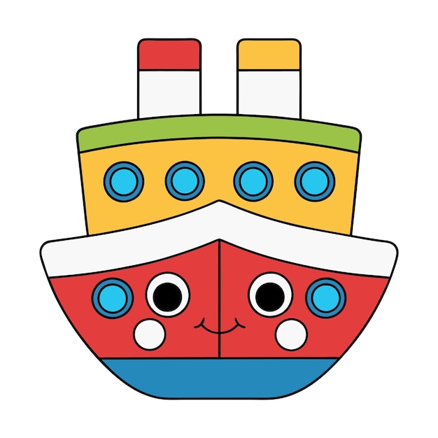 un barco colorido con una puerta roja y un letrero azul y rojo que dice ojos