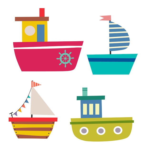 Barco conjunto ilustración vectorial en lindo diseño plano