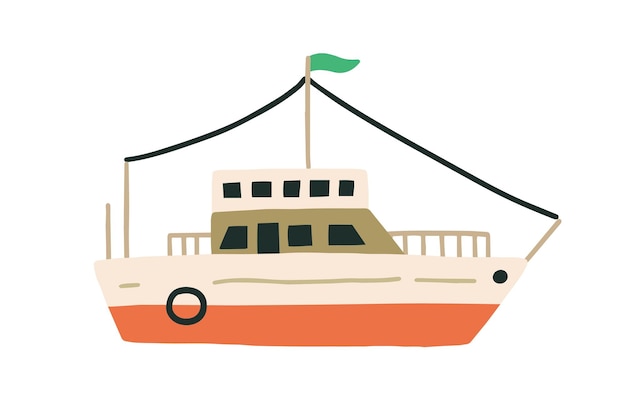 Vector barco de dos pisos con bandera de estilo escandinavo. transporte marítimo de pasajeros o buque pesquero. ilustración de vector plano coloreado aislado sobre fondo blanco.