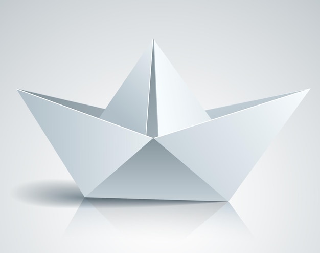 Barco de juguete doblado en papel de origami, ilustración vectorial realista en 3d.
