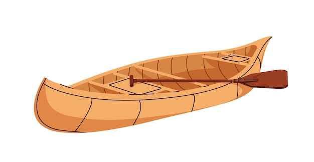 Barco de madera Canoa de madera con paleta Nave de agua para viajes fluviales Transporte tradicional de remo turístico en estilo vintage Ilustración vectorial plana aislada sobre fondo blanco