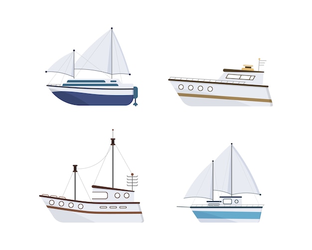 Barco de mar. Conjunto de yate, barco, barco de vapor, ferry, barco de pesca, remolcador, barco de recreo, crucero.