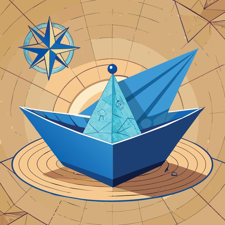Vector barco o barco de papel origami azul en un mapa oceánico vintage con brújula impresa vela de viaje o crucero c