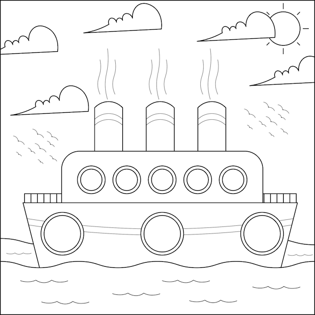 Barco oceánico en el mar adecuado para la ilustración vectorial de la página para colorear de los niños