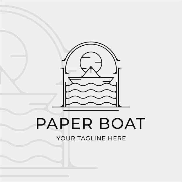 Barco de papel logo línea arte vector ilustración plantilla icono diseño gráfico. signo o símbolo del océano con insignia de ola y sol minimalista simple