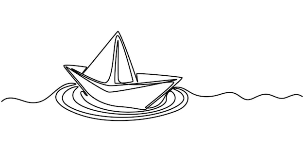 Barco de papel en el mar dibujo de arte de una línea Un dibujo de línea continua de barco de papel Origami barco