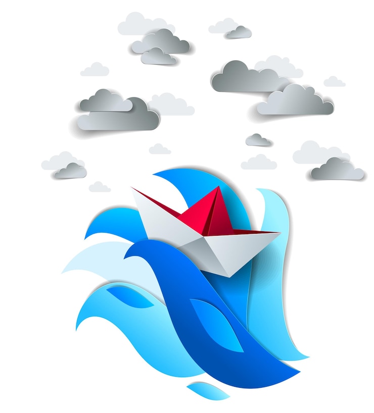 Vector barco de papel nadando en grandes olas marinas, barcos de juguete plegados en origami luchan por sobrevivir en el océano en clima tormentoso y olas de tsunami, ilustración vectorial.